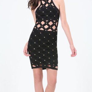 bebe black mini, bondage style bandage dress